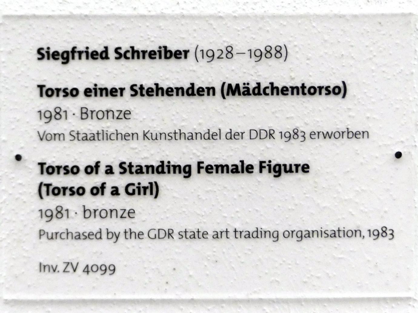 Siegfried Schreiber (1981), Torso einer Stehenden (Mädchentorso), Dresden, Albertinum, Galerie Neue Meister, Erdgeschoss, Skulpturenhalle, 1981, Bild 3/3