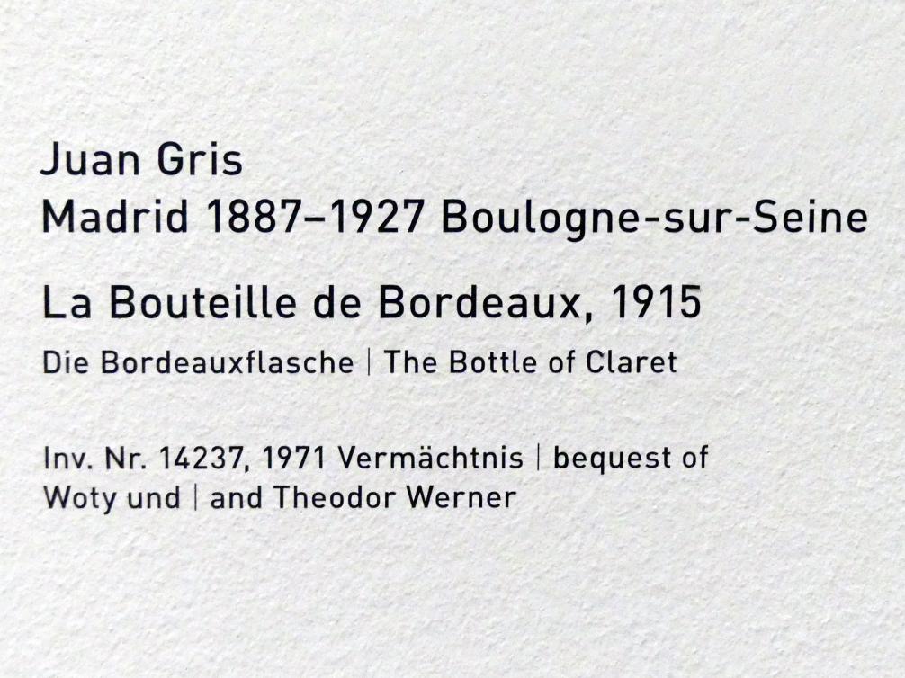 Juan Gris (1911–1926), La Bouteille de Bordeaux - Die Bordeauxflasche, München, Pinakothek der Moderne, Saal 5, 1915, Bild 2/2