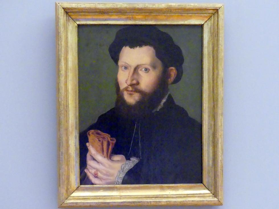 Hans Holbein der Jüngere (Nachfolger) (1545), Porträt eines Mannes mit Handschuhen, Breslau, Nationalmuseum, 2. OG, europäische Kunst 15.-20. Jhd., Saal 4, 1545, Bild 1/2