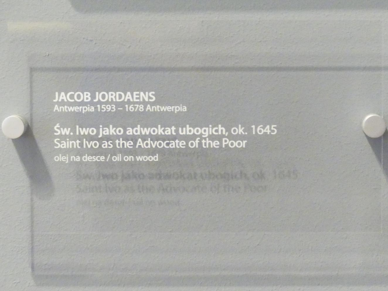 Jacob Jordaens (1615–1665), Heiliger Ivo als Anwalt der Armen, Breslau, Nationalmuseum, 2. OG, europäische Kunst 15.-20. Jhd., Saal 7, um 1645, Bild 2/2