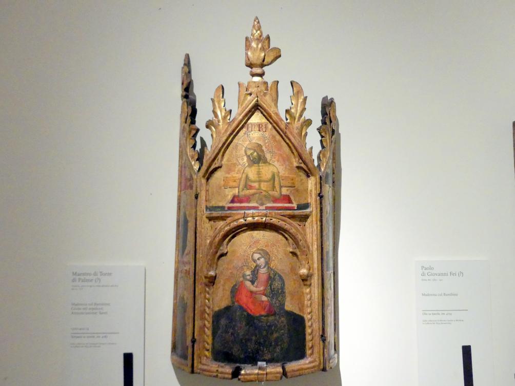Meister des Torre di Palme (1387), Triptychon Maria mit Kind, Christus im Grab, Verkündigung, Heilige, Modena, Galleria Estense, Saal 2, Letztes Viertel 14. Jhd., Bild 1/4