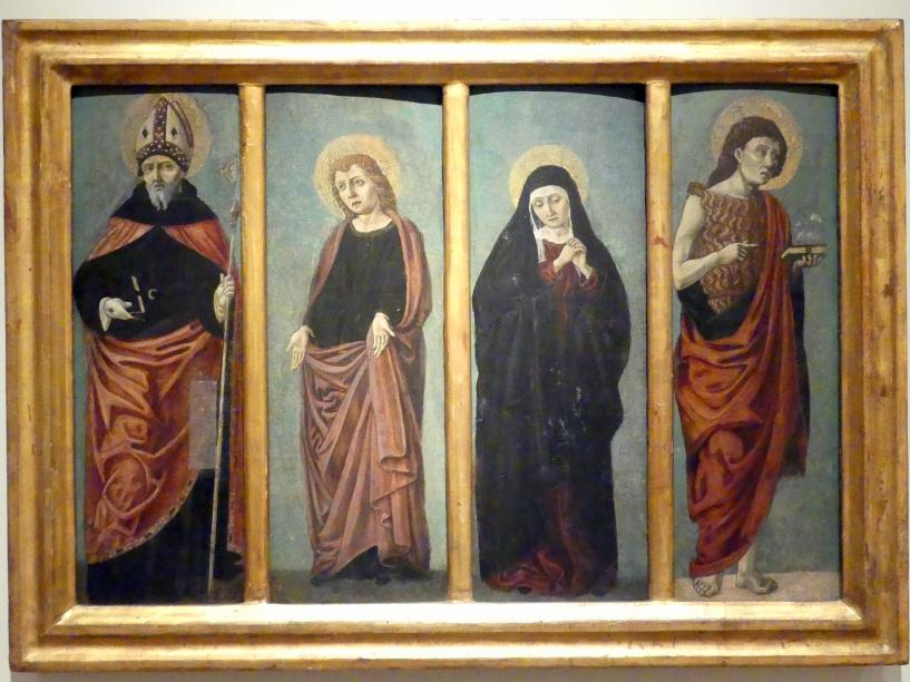 Angelo degli Erri (Werkstatt) (1480), Johannes der Täufer, Schmerzhafte Muttergottes, Evangelist Johannes, hl. Benedikt, Modena, Galleria Estense, Saal 3, um 1470–1490, Bild 1/2
