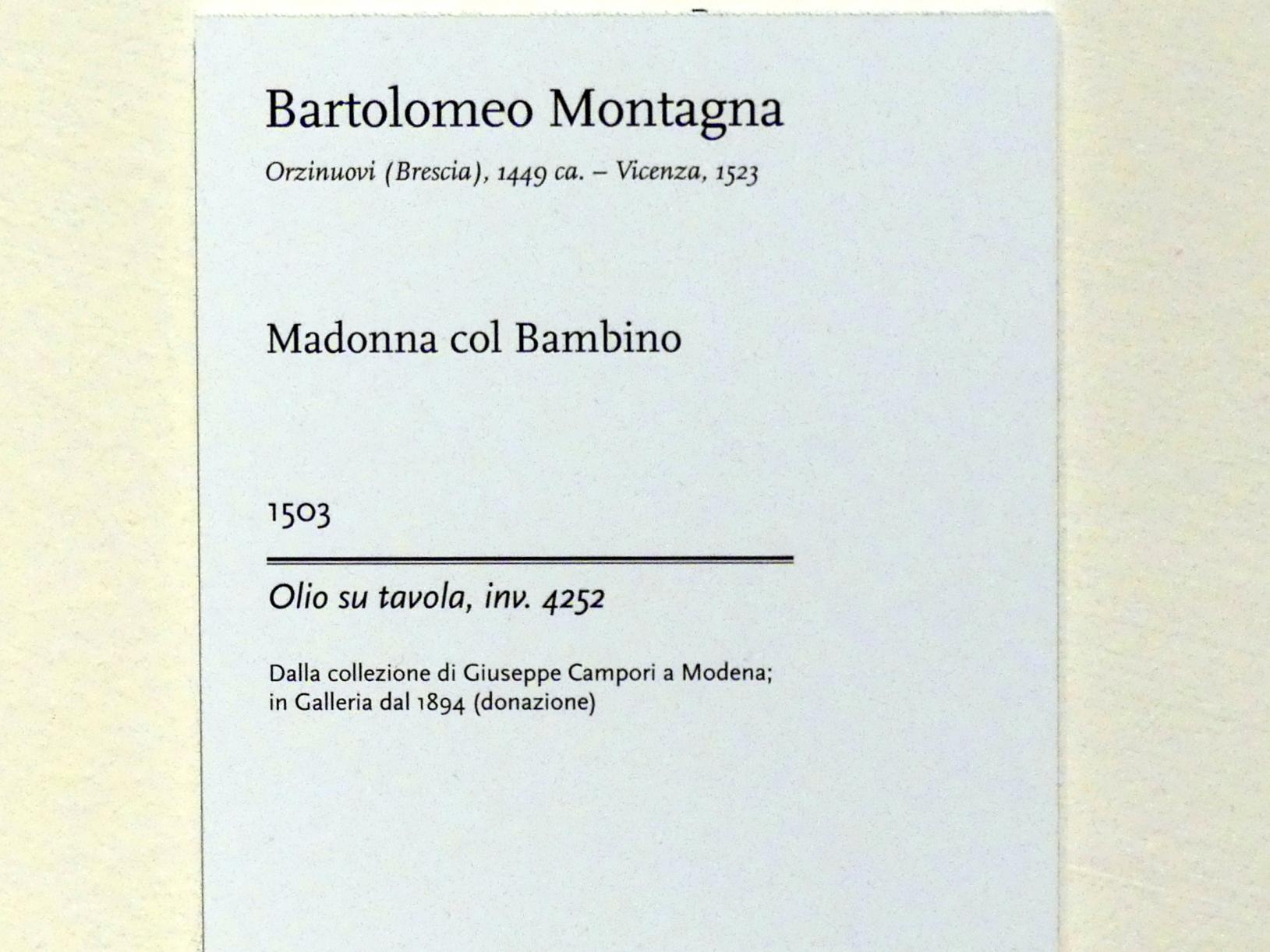 Bartolomeo Montagna (1497–1515), Maria mit Kind, Modena, Galleria Estense, Saal 8, 1503, Bild 2/2