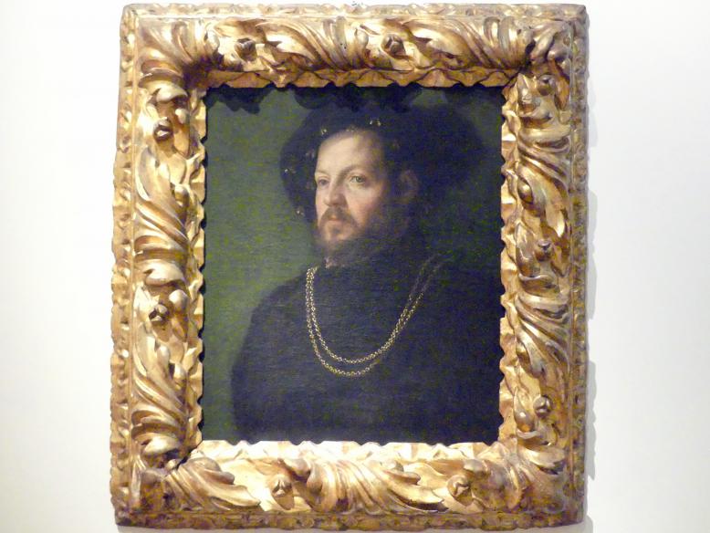 Girolamo da Carpi (1537–1545), Porträt eines Herrn mit Barett (Ercole II. d’Este?), Modena, Galleria Estense, Saal 12, um 1535–1540, Bild 1/2