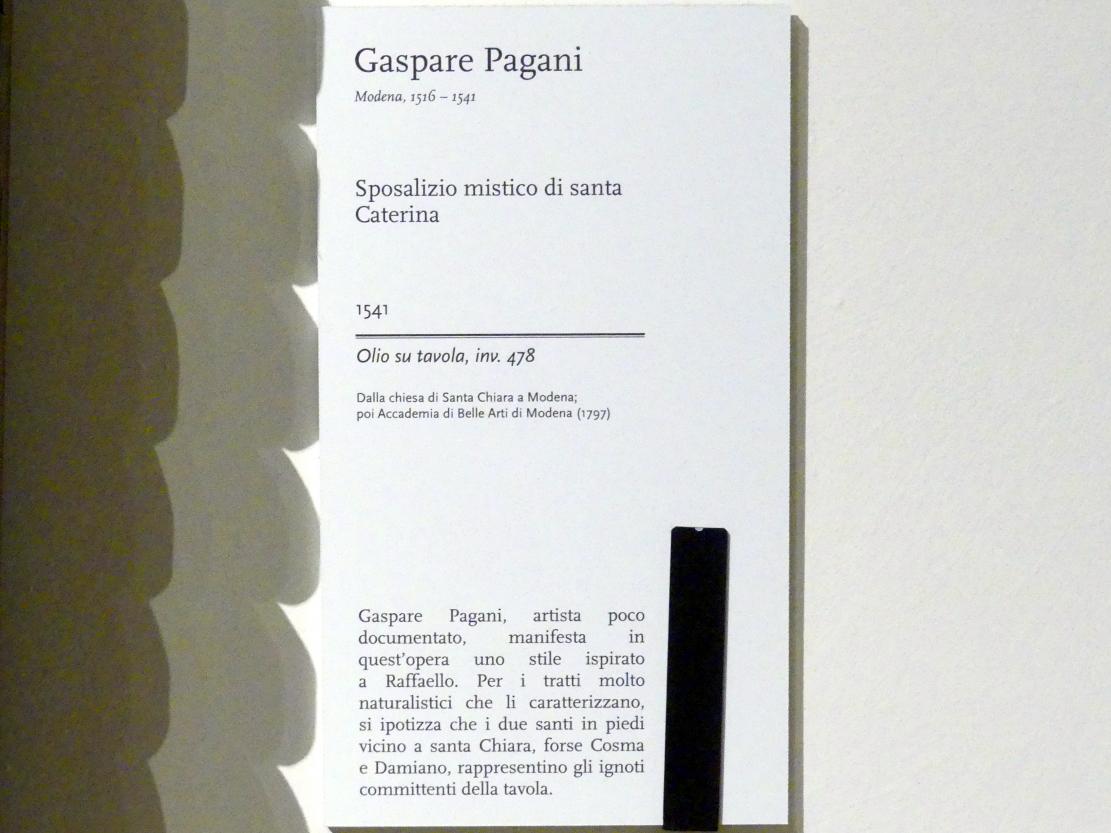 Gaspare Pagani (1541), Mystische Vermählung der hl. Katharina, Modena, chiesa di Santa Chiara, jetzt Modena, Galleria Estense, Saal 14, 1541, Bild 2/2