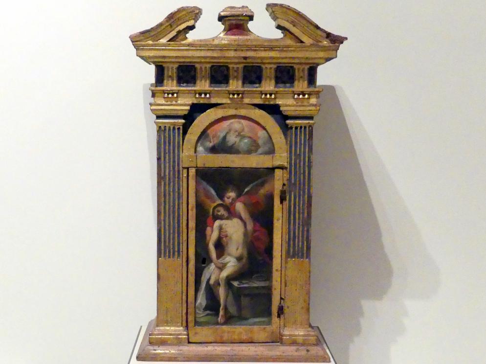 Ventura Salimbeni (1600–1607), Tabernakel, der tote Christus gehalten von einem Engel und der segnende Gottvater, Bibbiano, Chiesa di San Lorenzo, jetzt Buonconvento, Museo d’Arte Sacra della Val d’Arbia, Saal 5, 1601