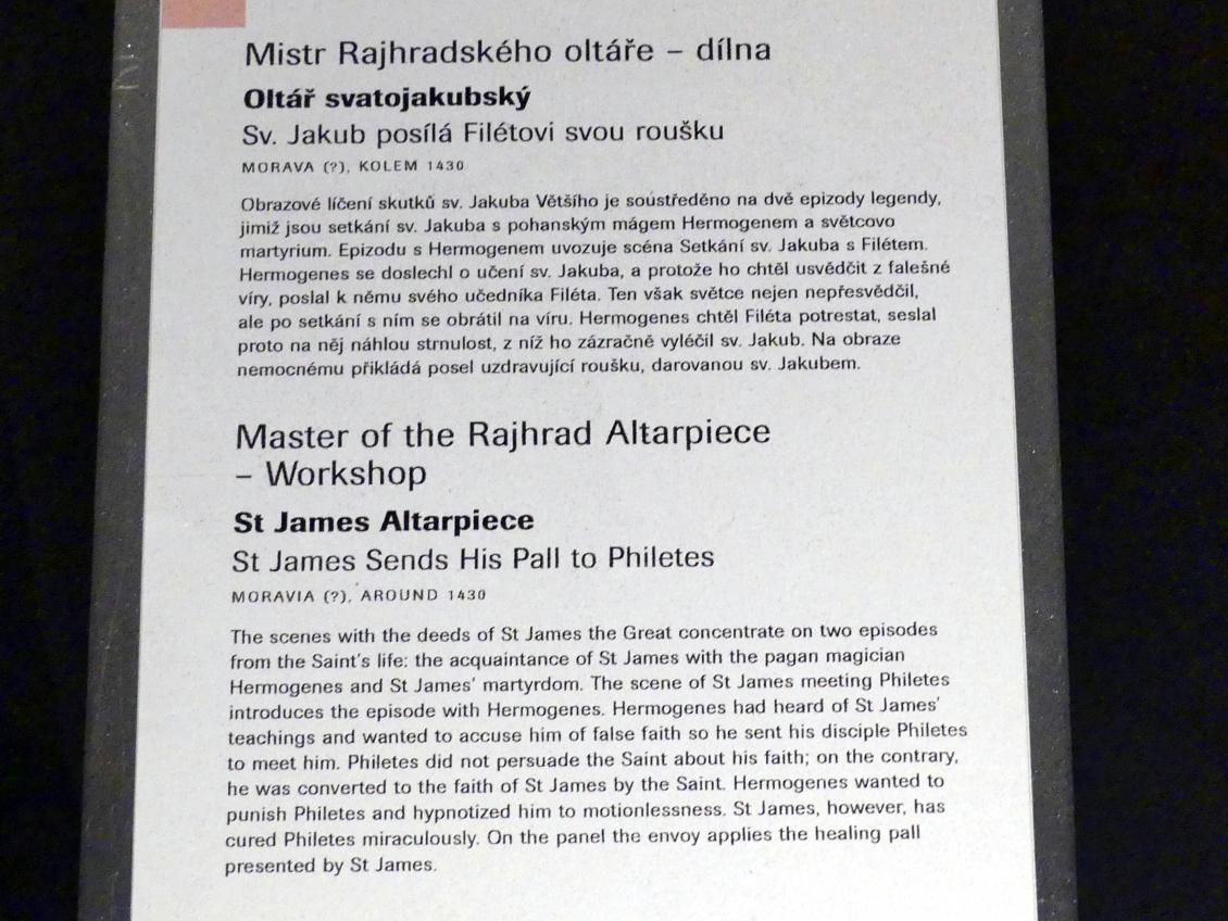 Meister von Raigern (Meister des Raigerner Altars) (Werkstatt) (1430), Jakobaltar: Jakobus sendet sein Pallium zu Philetes, Prag, Nationalgalerie im Agneskloster, Saal I, um 1430, Bild 2/2