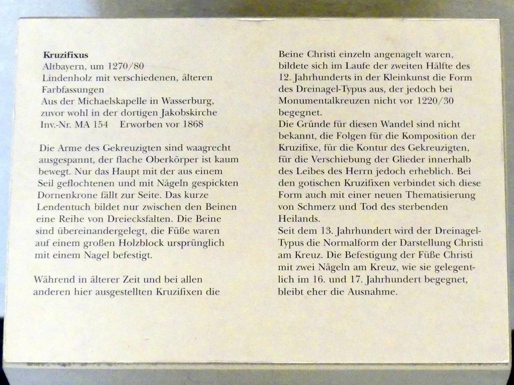 Kruzifixus, Wasserburg am Inn, Stadtpfarrkirche St. Jakob, jetzt München, Bayerisches Nationalmuseum, Saal 1, um 1270–1280, Bild 3/3