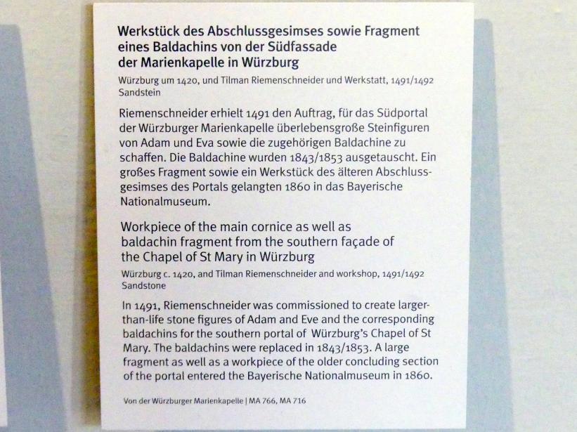 Werkstück des Abschlussgesimses von der Südfassade der Marienkapelle in Würzburg, Würzburg, Marienkapelle, jetzt München, Bayerisches Nationalmuseum, Saal 16, um 1420, Bild 2/2