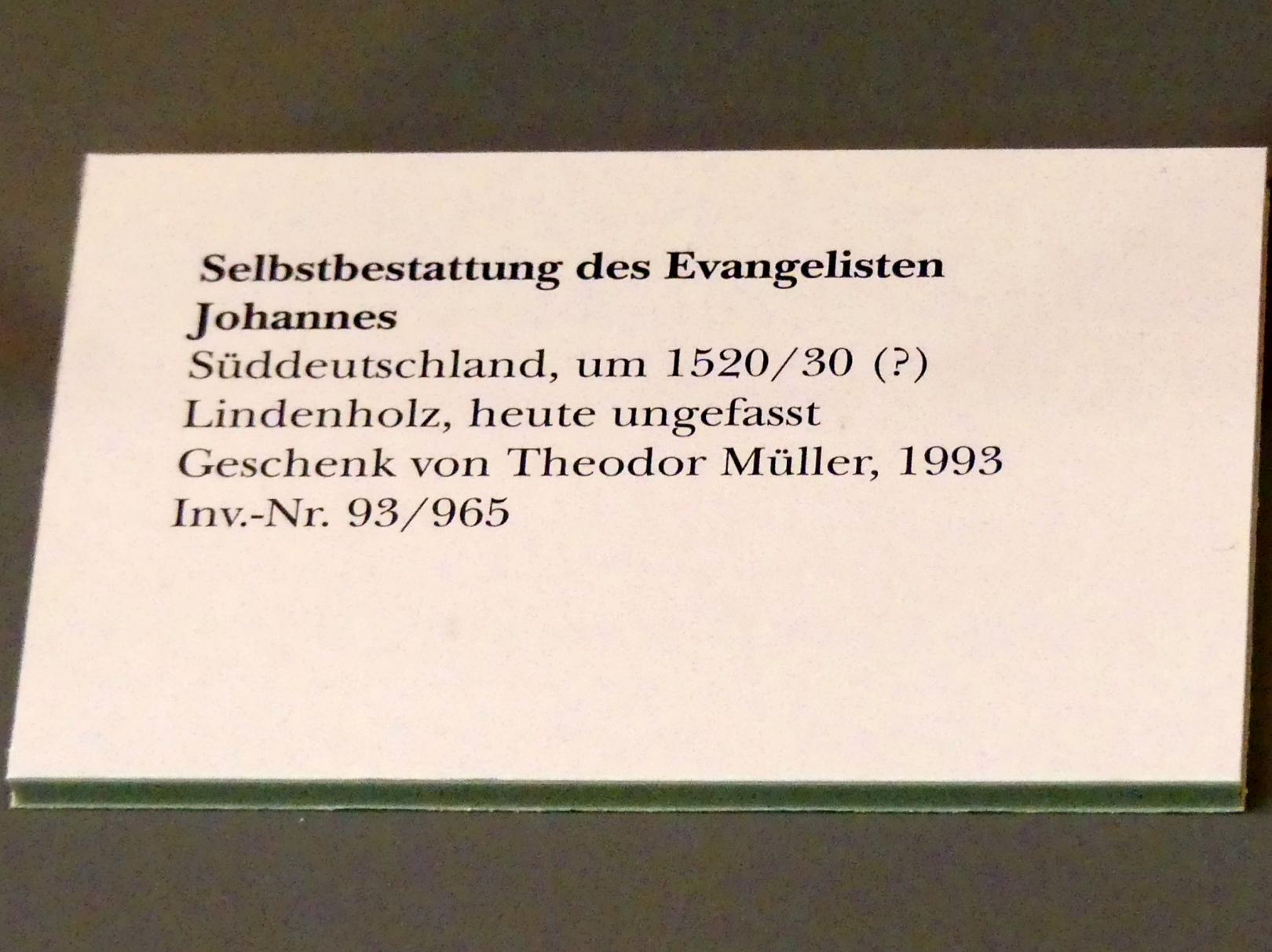 Selbstbestattung des Evangelisten Johannes, München, Bayerisches Nationalmuseum, Saal 17, um 1520–1530, Bild 2/2