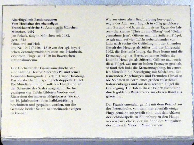 Jan Polack (1486–1500), Altarflügel mit Passionsszenen, München, ehem. Franziskanerkloster, ehem. Klosterkirche St. Antonius, jetzt München, Bayerisches Nationalmuseum, Saal 15, 1492, Bild 6/6