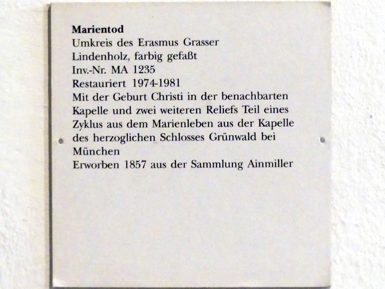 Erasmus Grasser (Umkreis) (1500), Marientod, Grünwald, Burg Grünwald, jetzt München, Bayerisches Nationalmuseum, Saal 15, um 1500, Bild 2/2