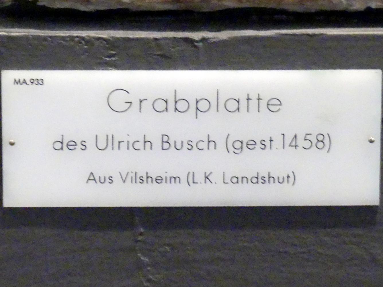 Grabplatte des Ulrich Busch (gest. 1458), Vilsheim, Pfarrkirche St. Kastulus, jetzt München, Bayerisches Nationalmuseum, Saal 15, um 1458, Bild 4/4