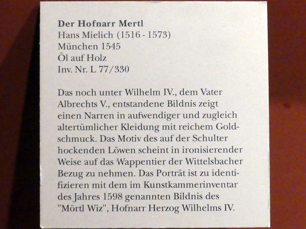 Hans Mielich (1540–1560), Der Hofnarr Mertl, München, Bayerisches Nationalmuseum, Saal 22, 1545, Bild 2/2