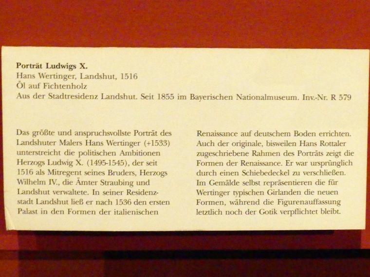 Hans Wertinger (1515–1526), Porträt Ludwigs X., Landshut, Stadtresidenz Landshut, jetzt München, Bayerisches Nationalmuseum, Saal 22, 1516, Bild 3/3