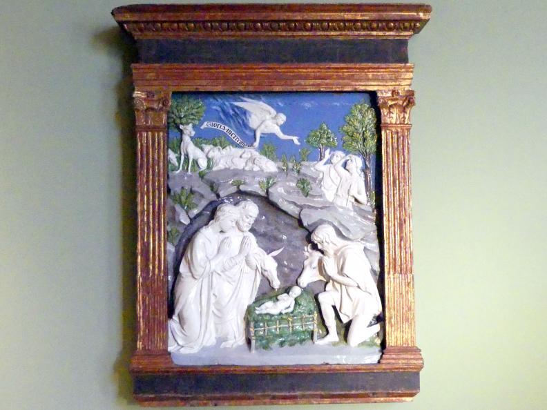 Andrea della Robbia (1465–1525), Verkündigung an die Hirten und Anbetung der Hirten, München, Bayerisches Nationalmuseum, Saal 24, Ende 15. Jhd., Bild 1/2