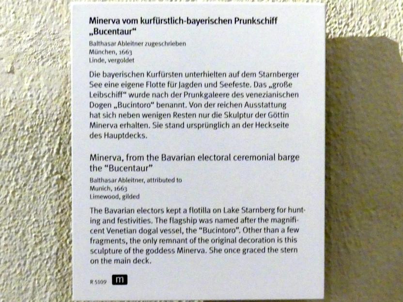 Balthasar Ableithner (1663), Minerva vom kurfürstlich-bayerischen Prunkschiff "Bucentaur", Starnberger See, bayerisches Prunkschiff Bucentaur, jetzt München, Bayerisches Nationalmuseum, Saal 32, 1663, Bild 4/4