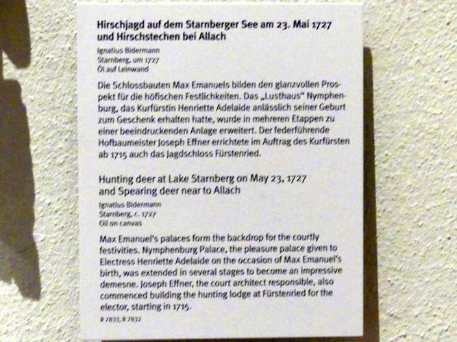 Ignatius Bidermann (1727), Hirschjagd auf dem Starnberger See am 23. Mai 1727, München, Bayerisches Nationalmuseum, Saal 34, um 1727, Bild 2/2