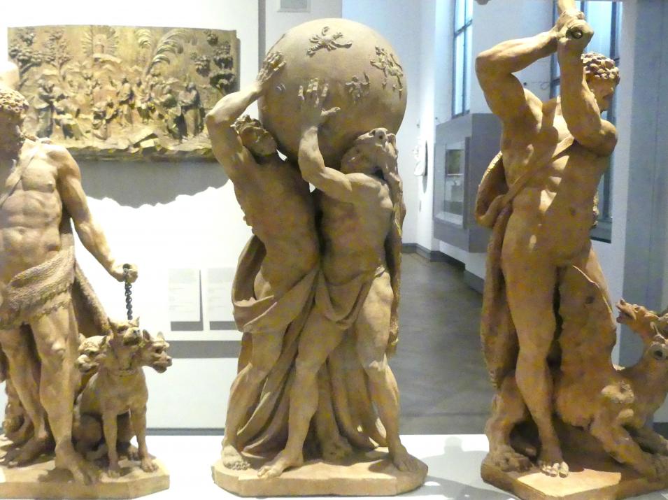 Roman Anton Boos (1767–1790), Herkules und Atlas tragen das Himmelsgewölbe, München, Hofgarten, jetzt München, Bayerisches Nationalmuseum, Saal 43, um 1779