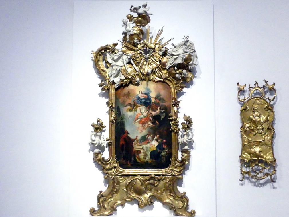 Johann Nepomuk Schöpf (1765), Altaraufsatz mit der Himmelfahrt Mariens und der Heiligen Dreifaltigkeit, München, Bayerisches Nationalmuseum, Saal 42, um 1765, Bild 1/2