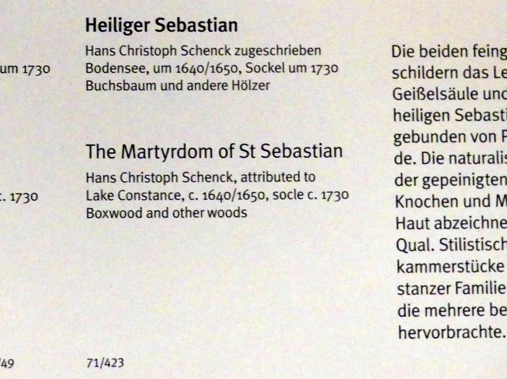 Hans Christoph Schenck (1640–1645), Heiliger Sebastian, München, Bayerisches Nationalmuseum, Saal 40, um 1640–1650, Bild 2/4