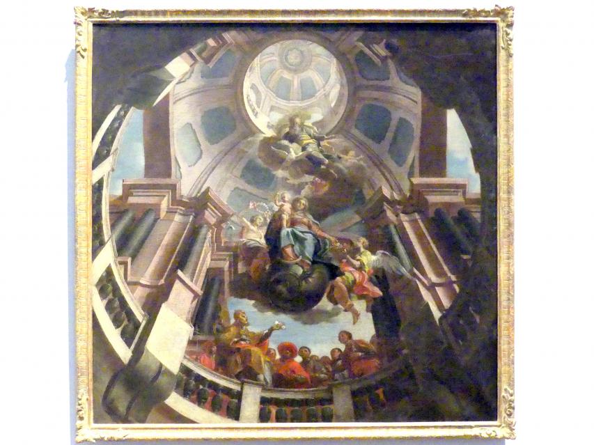 Anton Zoller (1751–1756), Die Verehrung der Madonna als Rosenkranzkönigin, Telfes, Pfarrkirche St. Pankratius, jetzt München, Bayerisches Nationalmuseum, Saal 45, um 1755–1757
