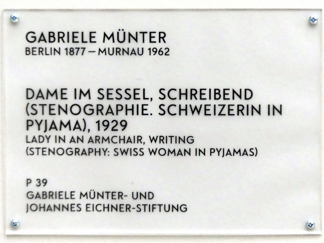 Gabriele Münter (1903–1954), Dame im Sessel, schreibend (Stenographie. Schweizerin in Pyjama), München, Lenbachhaus, Saal 28, 1929, Bild 2/2