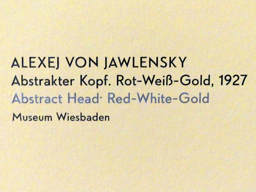 Alexej von Jawlensky (1893–1938), Abstrakter Kopf: Rot-Weiß-Gold, München, Lenbachhaus, Kunstbau, Ausstellung "Lebensmenschen" vom 22.10.2019-16.02.2020, Porträts von Jawlenski, 1927, Bild 2/2