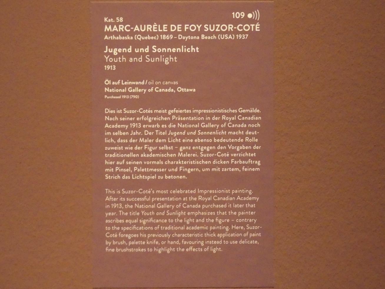 Marc-Aurèle de Foy Suzor-Coté (1893–1925), Jugend und Sonnenlicht, München, Kunsthalle, Ausstellung "Kanada und der Impressionismus" vom 19.07.-17.11.2019, Jugend und Sonnenlicht, 1913, Bild 2/2