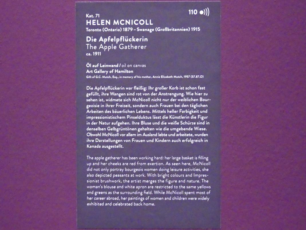 Helen McNicoll (1911–1914), Die Apfelpflückerin, München, Kunsthalle, Ausstellung "Kanada und der Impressionismus" vom 19.07.-17.11.2019, Frauen in ihrer Freizeit, um 1911, Bild 2/2