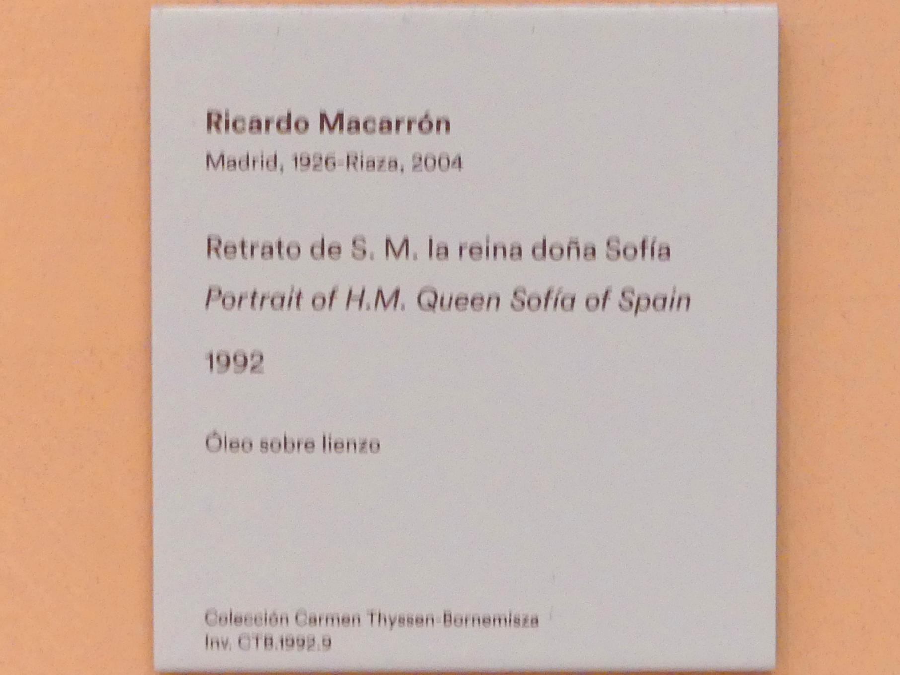 Ricardo Macarrón (1987–1992), Porträt der Königin Sofia von Spanien, Madrid, Museo Thyssen-Bornemisza, Eingangshalle, 1992, Bild 2/2