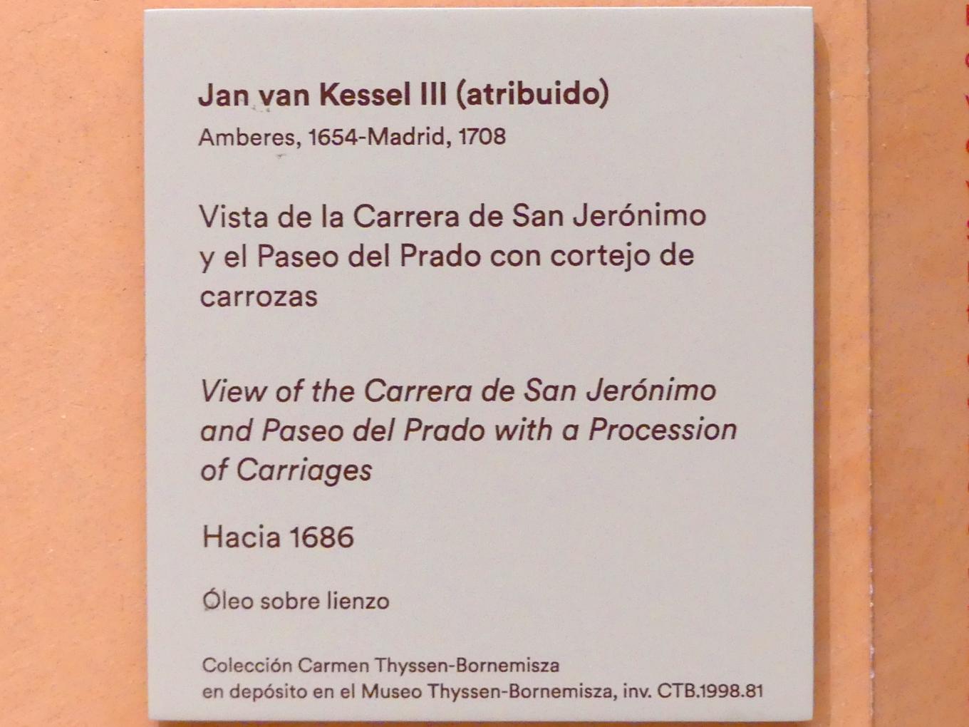 Jan van Kessel der Jüngere (1680–1686), Blick auf Carrera de San Jerónimo und Paseo del Prado mit einem Kutschenumzug, Madrid, Museo Thyssen-Bornemisza, Eingangshalle, um 1686, Bild 2/2