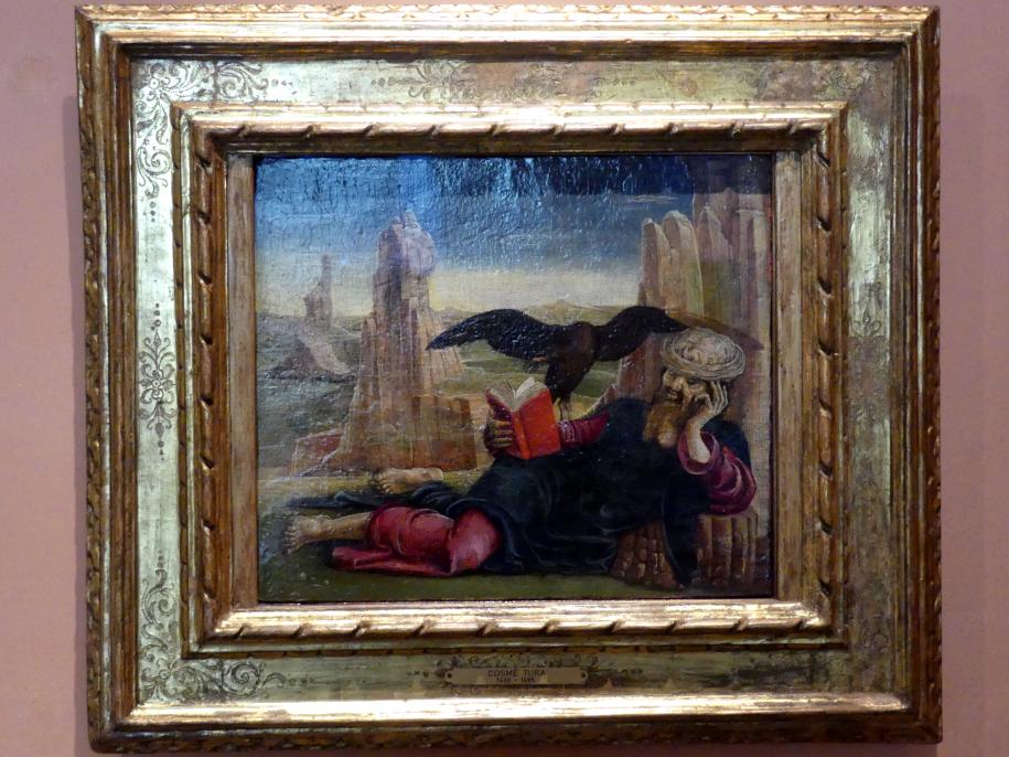 Cosmè (Cosimo) Tura (1457–1486), Der Evangelist Johannes auf Patmos, Madrid, Museo Thyssen-Bornemisza, Saal 4, italienische Malerei des 15. Jahrhunderts, um 1470–1475, Bild 1/2