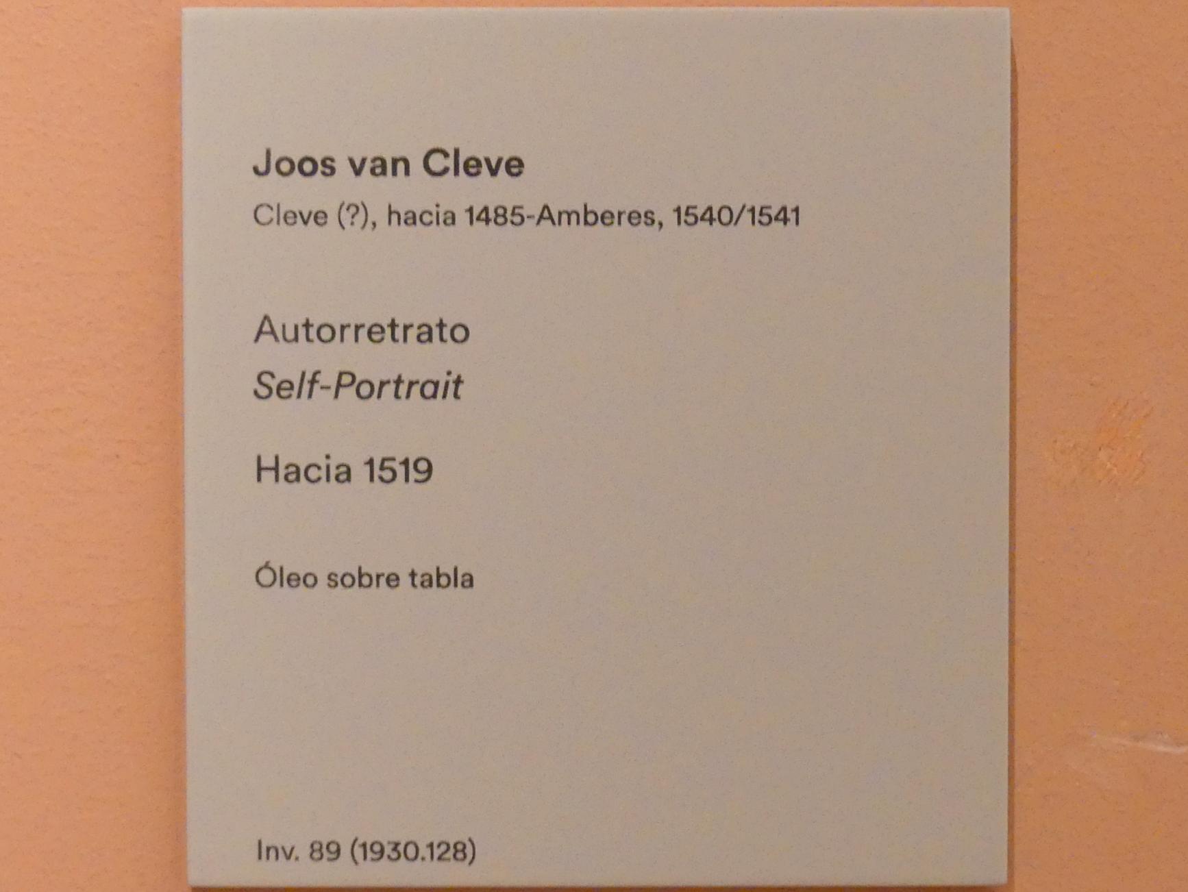 Joos van Cleve (Joos van der Beke) (1507–1538), Selbstporträt, Madrid, Museo Thyssen-Bornemisza, Saal 5, das Porträt in der Renaissance, um 1519, Bild 2/2