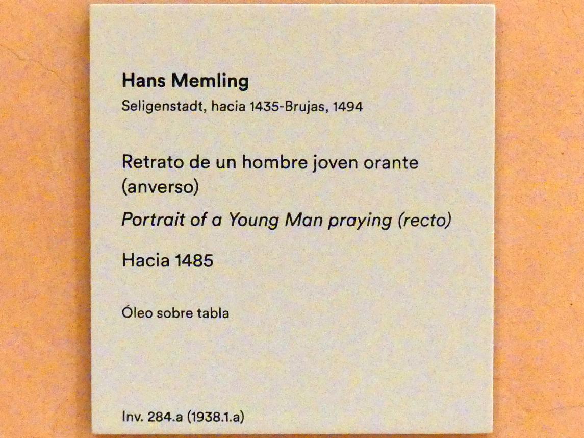 Hans Memling (1467–1491), Porträt eines betenden jungen Mannes, Madrid, Museo Thyssen-Bornemisza, Saal 5, das Porträt in der Renaissance, um 1485, Bild 2/2