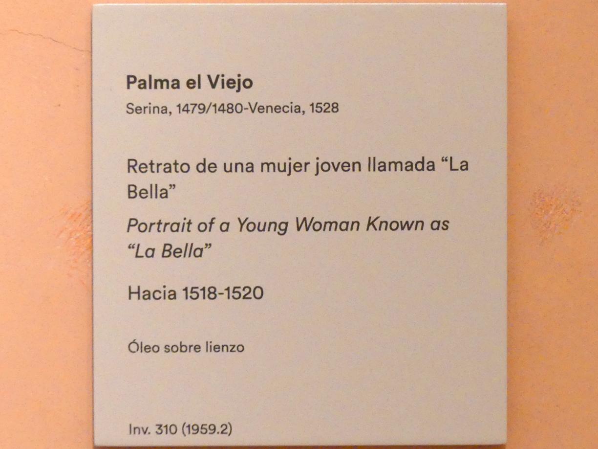 Jacopo Palma il Vecchio (Jacomo Nigretti de Lavalle) (1500–1526), Porträt einer jungen Frau, bekannt als ("La Bella"), Madrid, Museo Thyssen-Bornemisza, Saal 7, italienische Malerei des 16. Jahrhunderts, um 1518–1520, Bild 3/3