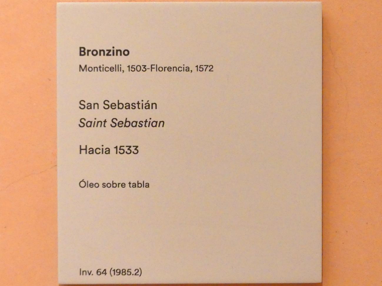 Agnolo di Cosimo di Mariano (Bronzino) (1526–1562), Heiliger Sebastian, Madrid, Museo Thyssen-Bornemisza, Saal 7, italienische Malerei des 16. Jahrhunderts, um 1533, Bild 2/2