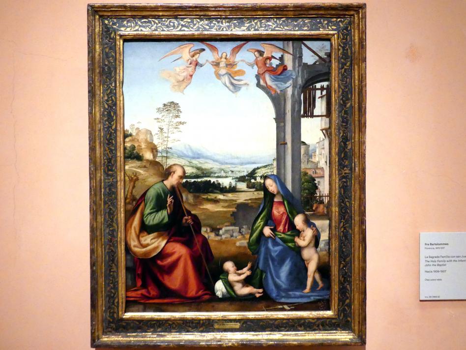 Fra Bartolomeo (Baccio della Porta) (1495–1516), Die Heilige Familie mit dem Johannesknaben, Madrid, Museo Thyssen-Bornemisza, Saal 7, italienische Malerei des 16. Jahrhunderts, um 1506–1507, Bild 1/2