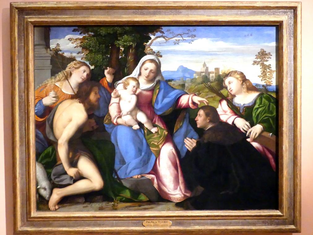 Jacopo Palma il Vecchio (Jacomo Nigretti de Lavalle) (1500–1526), Maria mit Kind, Heiligen und einem Stifter, Madrid, Museo Thyssen-Bornemisza, Saal 7, italienische Malerei des 16. Jahrhunderts, um 1518–1520