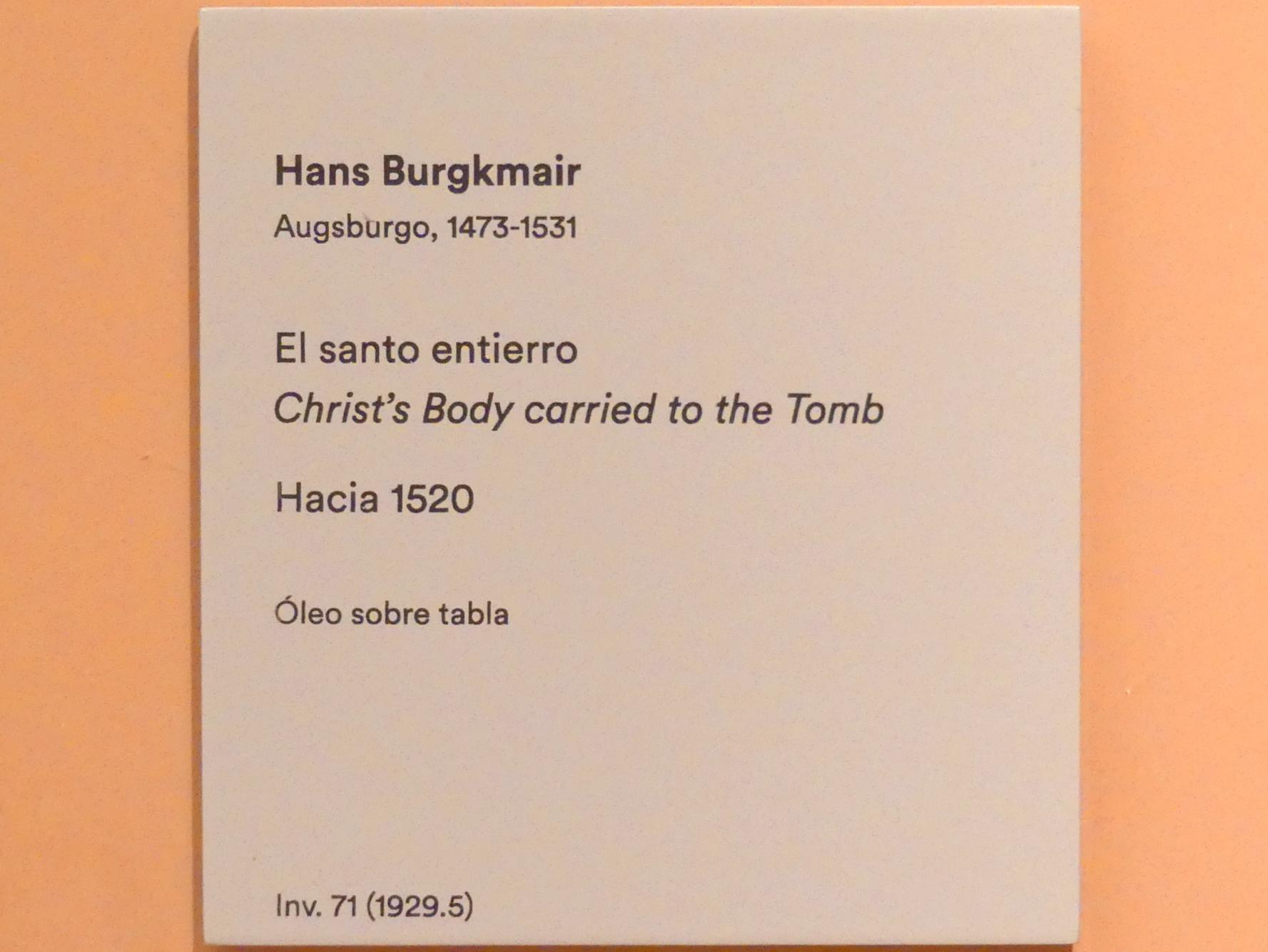 Hans Burgkmair der Ältere (1490–1529), Grablegung Christi, Madrid, Museo Thyssen-Bornemisza, Saal 8, deutsche Malerei des 15. und 16. Jahrhunderts, um 1520, Bild 2/2