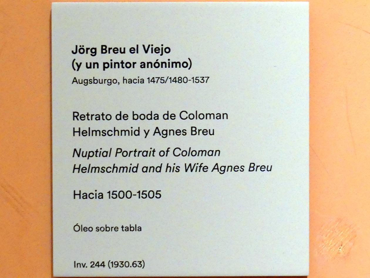 Jörg Breu der Ältere (1501–1534), Hochzeitsporträt von Kolman Helmschmied und seiner Frau Agnes Breu, Madrid, Museo Thyssen-Bornemisza, Saal 9, deutsche Malerei des 15. und 16. Jahrhunderts, um 1500–1505, Bild 2/2