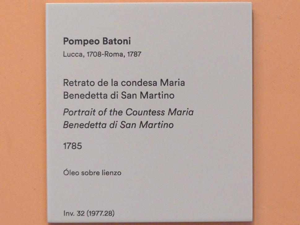 Pompeo Girolamo Batoni (1732–1785), Porträt von Gräfin Maria Benedetta di San Martino, Madrid, Museo Thyssen-Bornemisza, Saal 18, italienische Malerei des 18. Jahrhunderts, 1785, Bild 2/2