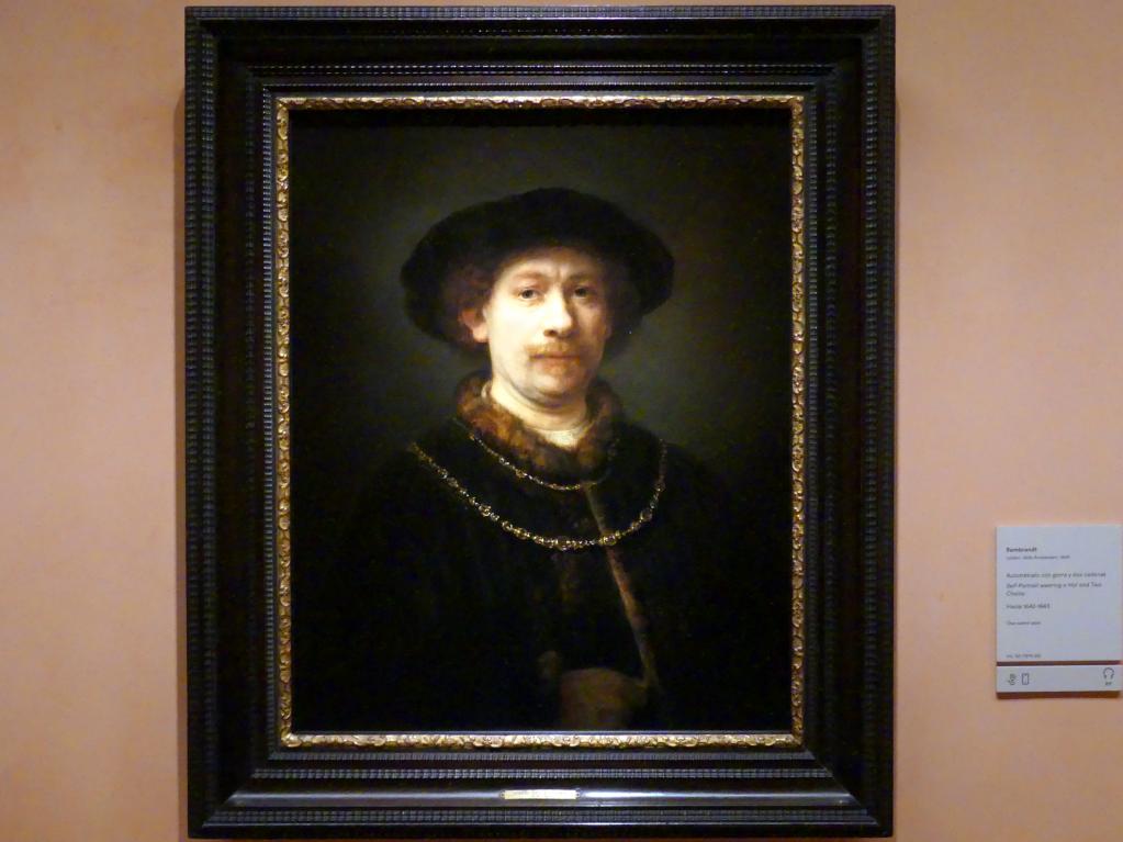 Rembrandt (Rembrandt Harmenszoon van Rijn) (1627–1669), Selbstporträt mit Hut und zwei Ketten, Madrid, Museo Thyssen-Bornemisza, Saal 21, niederländische Malerei des 17. Jahrhunderts, um 1642–1643