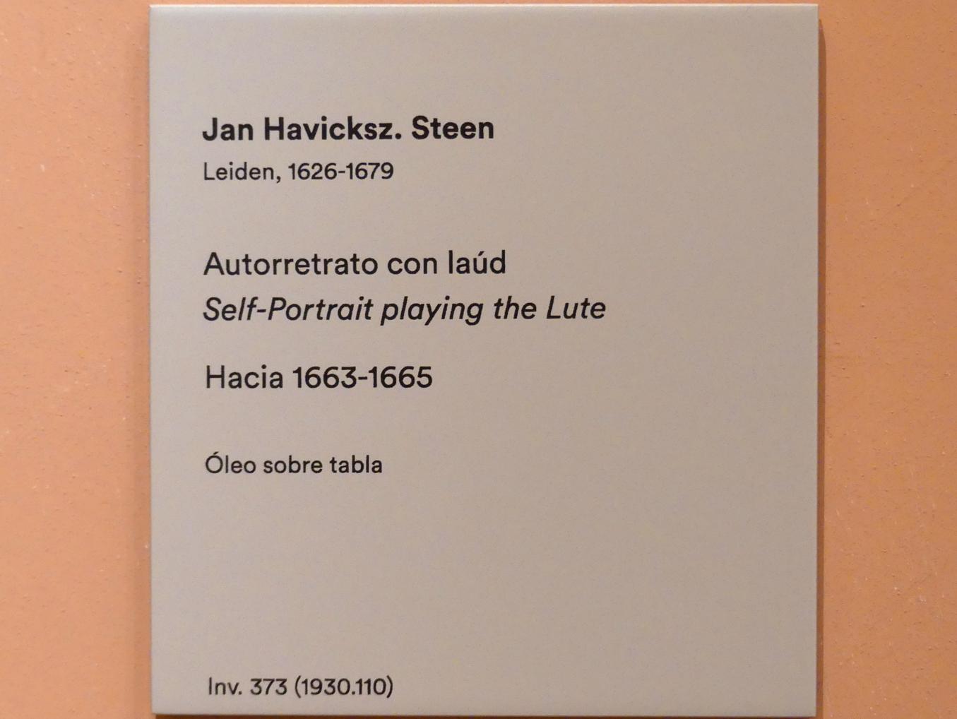 Jan Havickszoon Steen (1650–1678), Selbstbildnis an der Laute, Madrid, Museo Thyssen-Bornemisza, Saal 23, niederländische Malerei des 16. Jahrhunderts, um 1663–1665, Bild 2/2