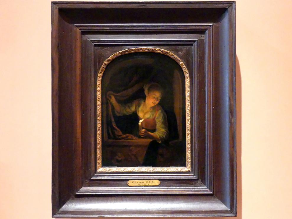 Gerard Dou (Gerrit Dou) (1629–1672), Junge Frau mit brennender Kerze am Fenster, Madrid, Museo Thyssen-Bornemisza, Saal 23, niederländische Malerei des 16. Jahrhunderts, um 1658–1665