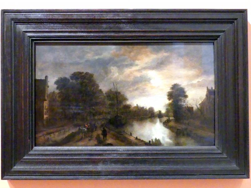 Aert van der Neer (1635–1667), Landschaft bei Mondlicht mit einer Straße neben einem Kanal, Madrid, Museo Thyssen-Bornemisza, Saal 24, niederländische Malerei des 16. Jahrhunderts, um 1645–1650