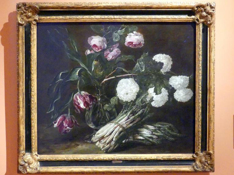 Jan Fyt (1647–1655), Blumenvase und zwei Bünde Spargel, Madrid, Museo Thyssen-Bornemisza, Saal 27, Stillleben des 17. Jahrhunderts, um 1650, Bild 1/2