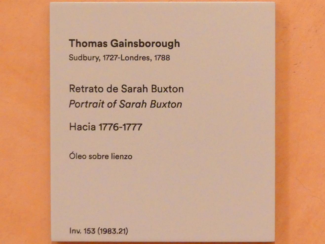 Thomas Gainsborough (1748–1788), Porträt von Sarah Buxton, Madrid, Museo Thyssen-Bornemisza, Saal 28, französische und englische Malerei des 18. Jahrhunderts, um 1776–1777, Bild 3/3