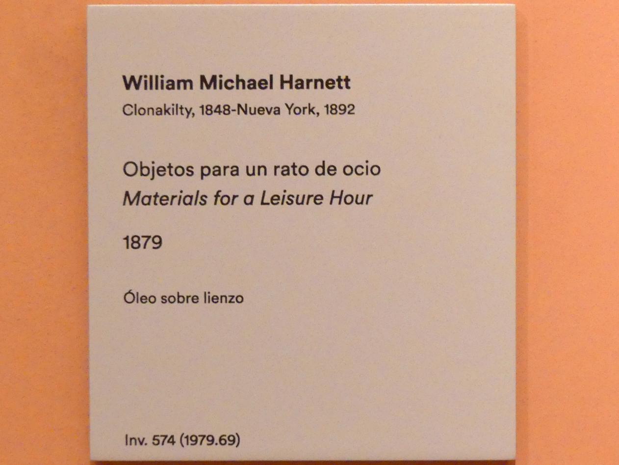 William Michael Harnett (1879–1888), Freizeitobjekte, Madrid, Museo Thyssen-Bornemisza, Saal 30, nordamerikanische Malerei des 19. Jahrhunderts, 1879, Bild 2/2