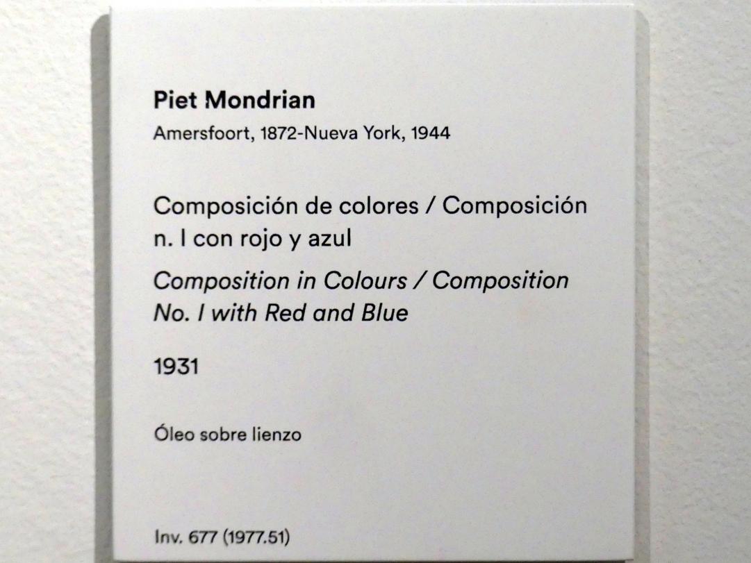 Piet Mondrian (1908–1942), Komposition in Farben / Komposition Nr. 1 mit Rot und Blau, Madrid, Museo Thyssen-Bornemisza, Saal 43, Pioniere der Abstraktion, 1931, Bild 3/3